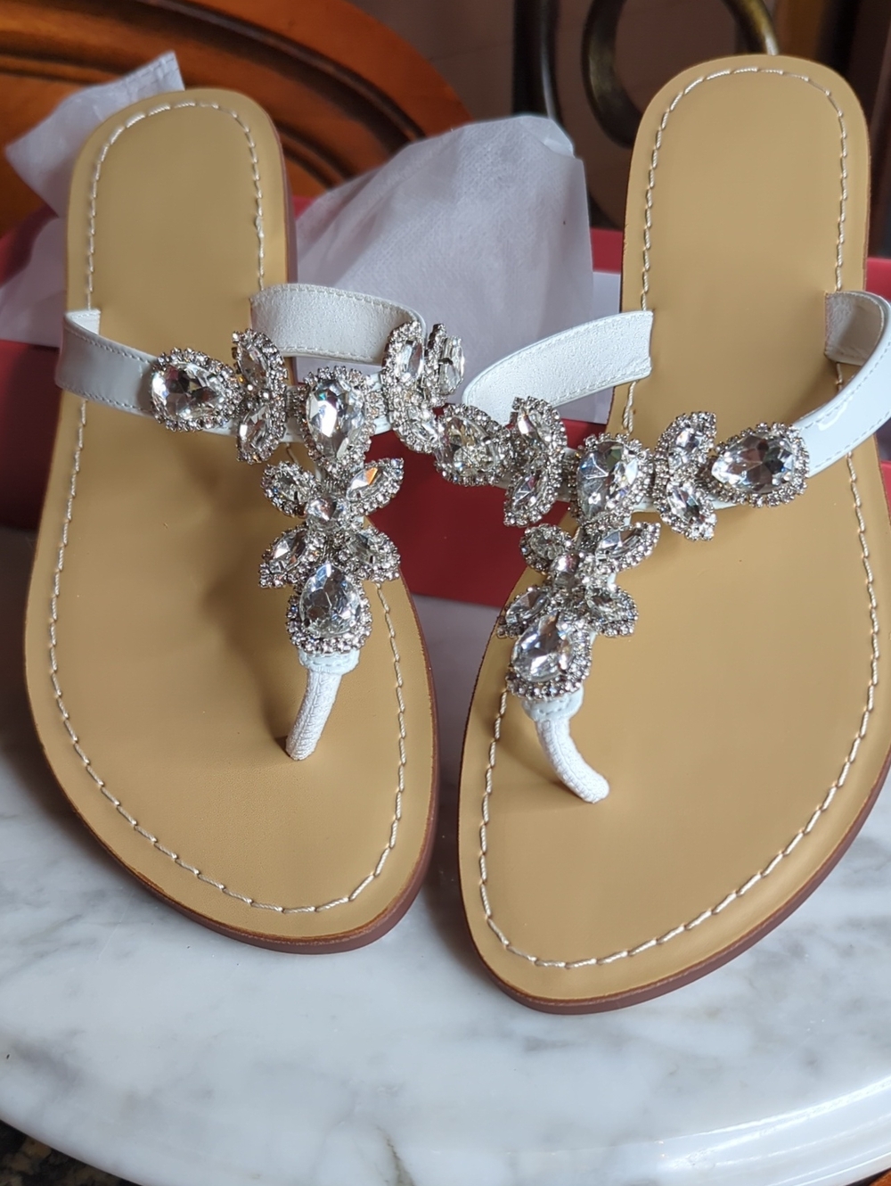 Hinyyrin Dressy White Jeweled Toe-Post Sandals with Silver Crystal Accents
